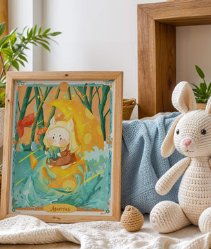 Aquarius zodiac illustration with whimsical character and vibrant colors