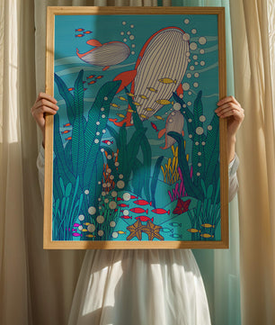 Underwater world illustration with whales and fish amidst seaweed