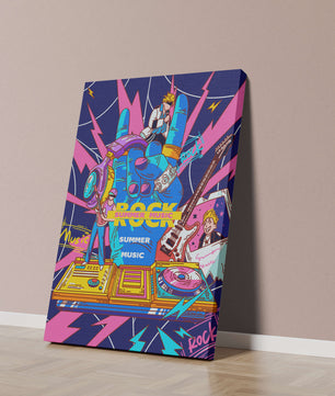 Ilustración temática vibrante de música rock con instrumentos y artistas