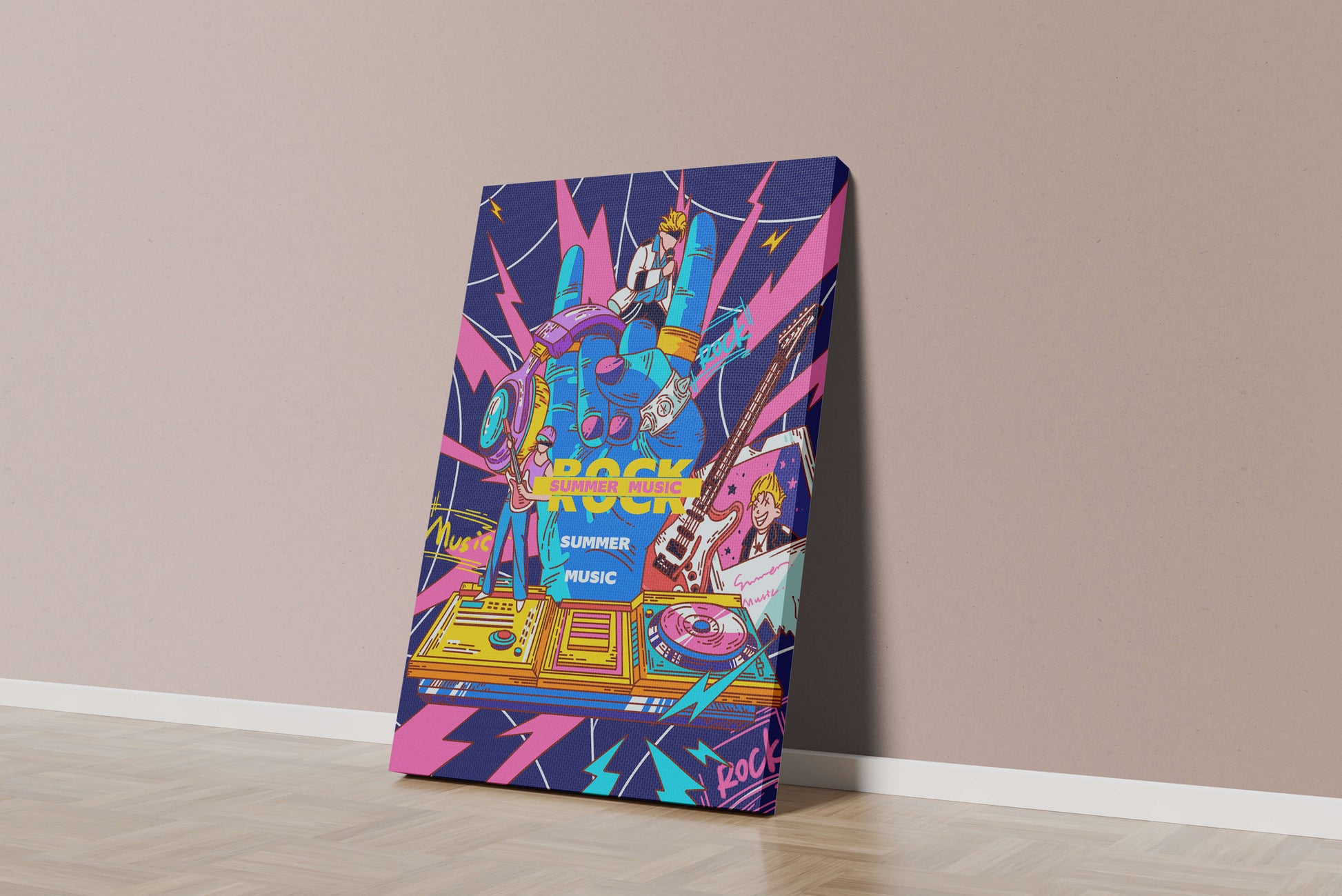 Ilustración temática vibrante de música rock con instrumentos y artistas