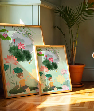 Serene illustration of a child in a lotus garden with vibrant flora