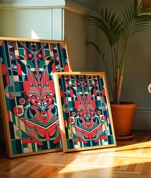 Arte abstracto geométrico de lobo con influencias tribales