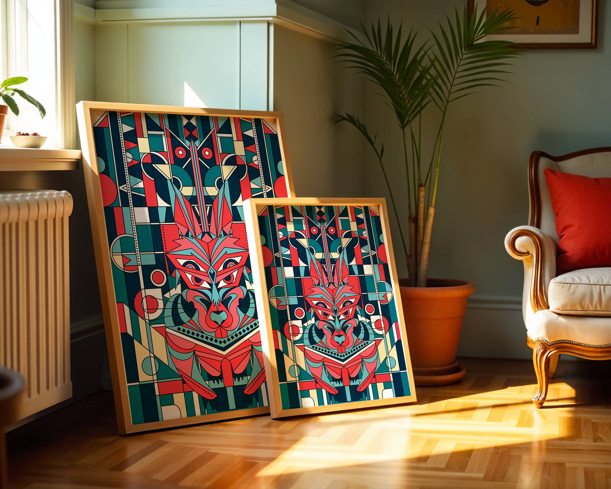 Arte abstracto geométrico de lobo con influencias tribales