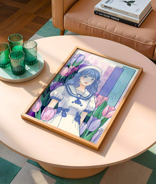 Illustration d'une fille en robe de marin parmi des tulipes avec une palette de couleurs pastel