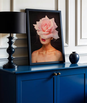Woman with a Rose Head and Red Lips on a Dark Background - Mi tienda