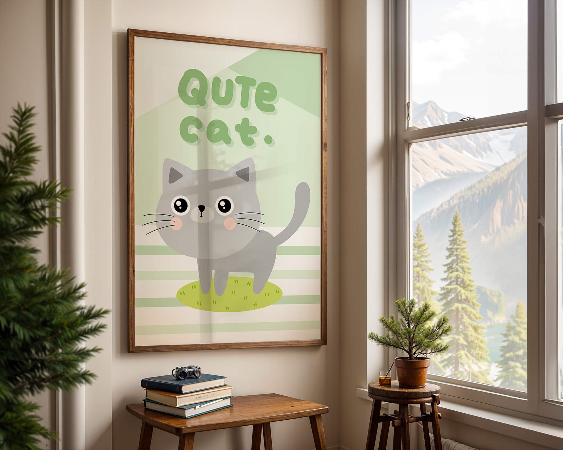 Adorable cartoon cat illustration on pastel background