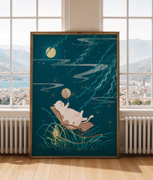 Adorable ilustración de un gato relajándose en un jardín iluminado por la luna con linterna
