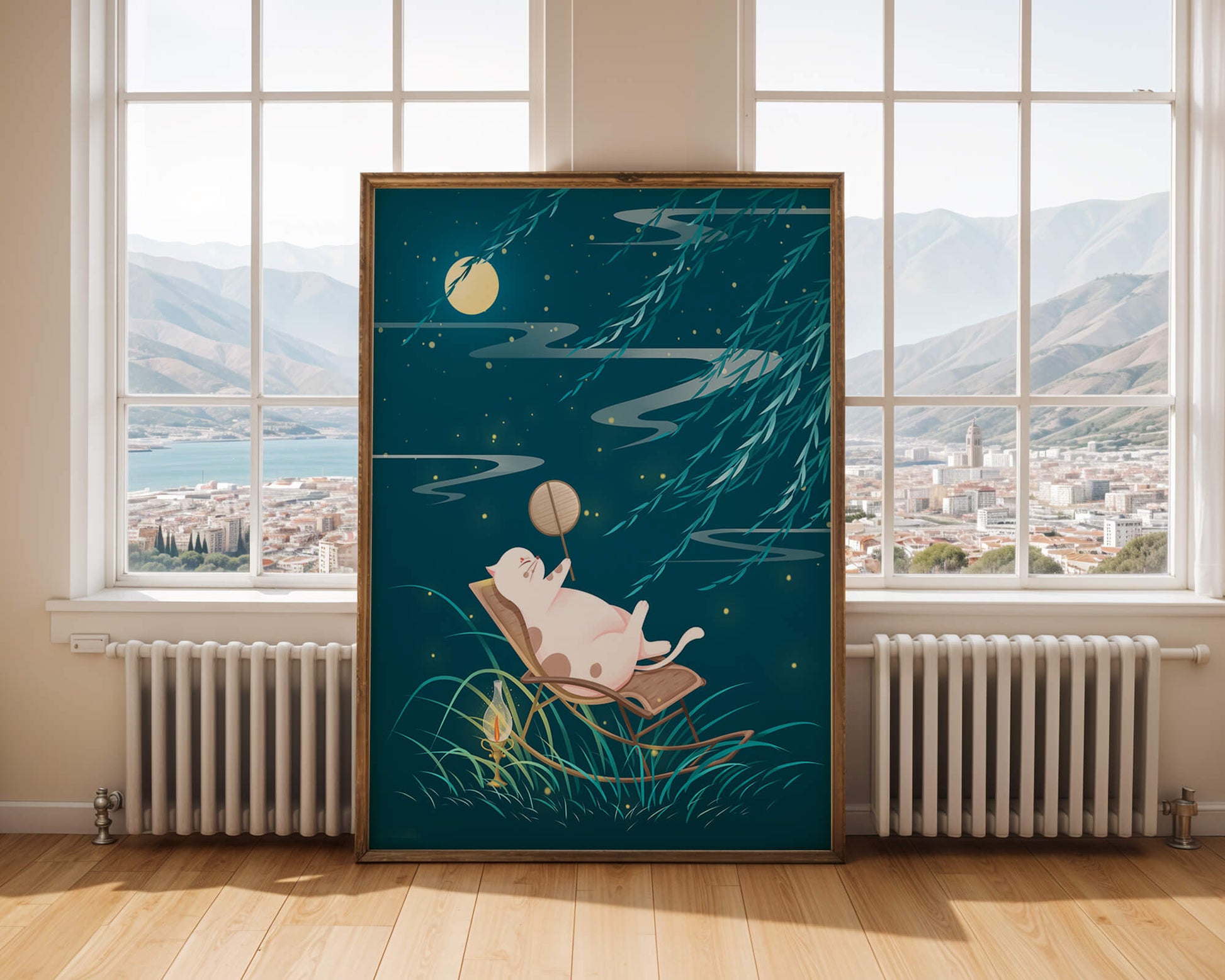 Adorable ilustración de un gato relajándose en un jardín iluminado por la luna con linterna