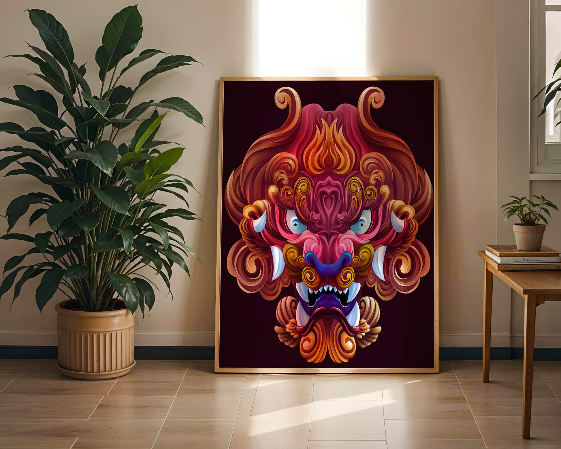 Intricate Colorful Dragon Face Illustration with Swirling Patterns