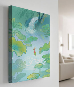Serene pond scene with lotus leaves and waterfall
