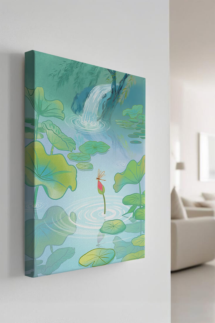 Serene pond scene with lotus leaves and waterfall