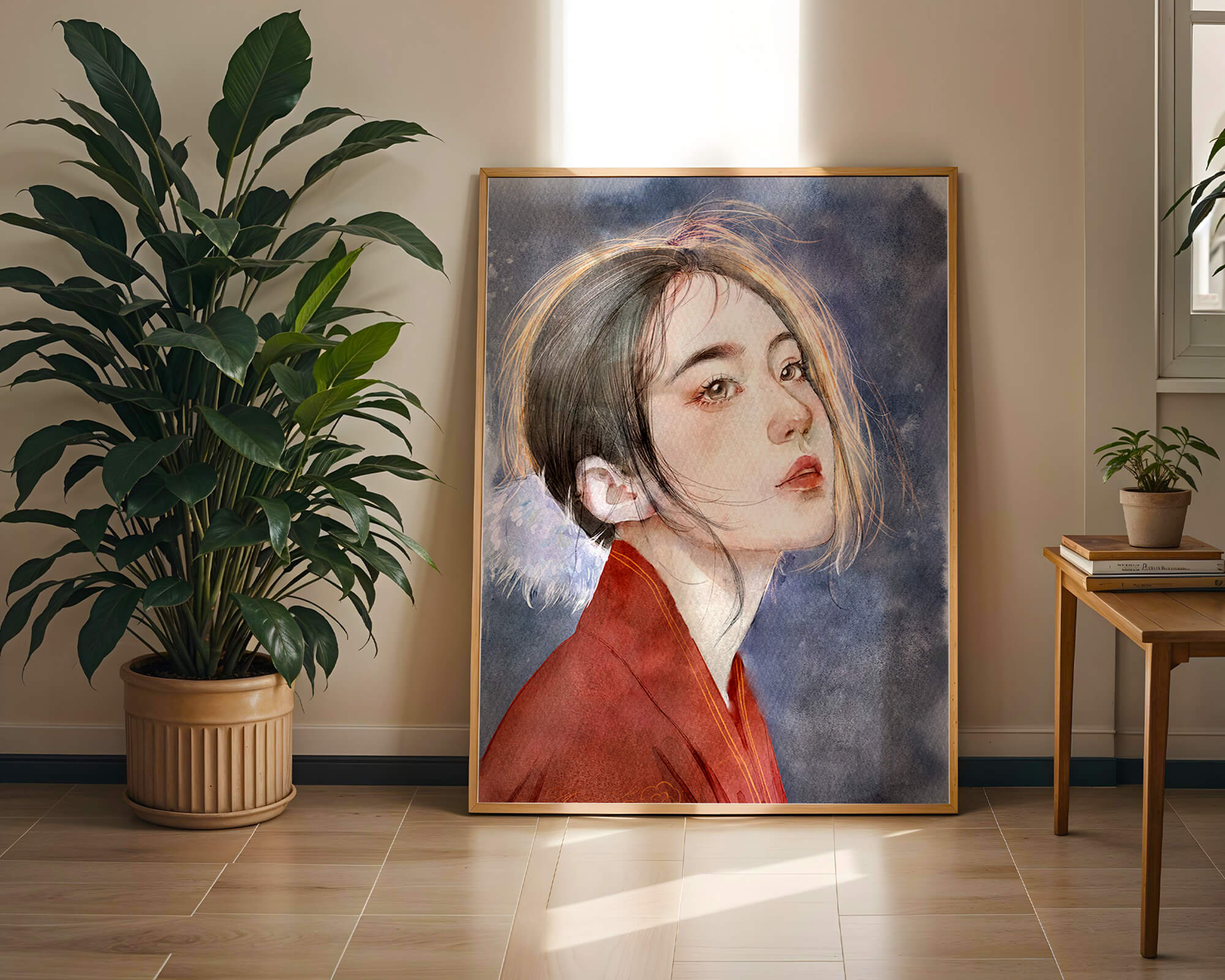 Watercolor portrait of a woman in a red garment with expressive features