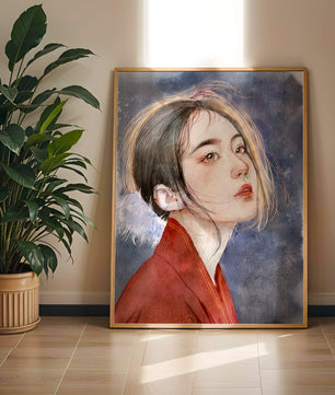 Watercolor portrait of a woman in a red garment with expressive features