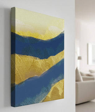 Paisaje abstracto con capas texturizadas en azul y amarillo