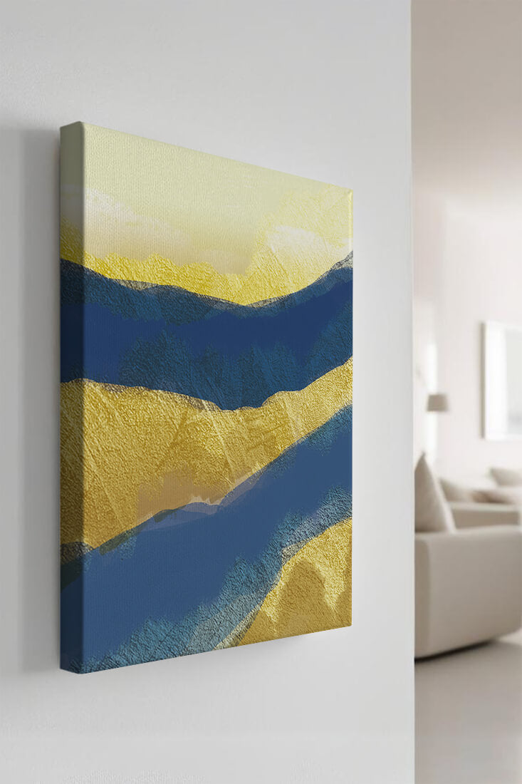 Abstract landscape with blue and yellow textured layers