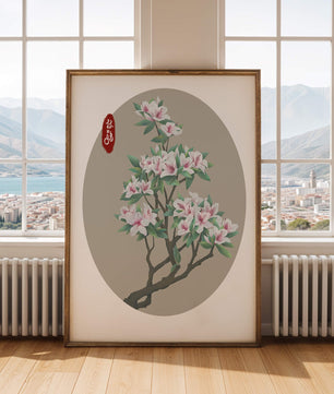 Obra floral delicada con magnolias en flor en estilo oriental
