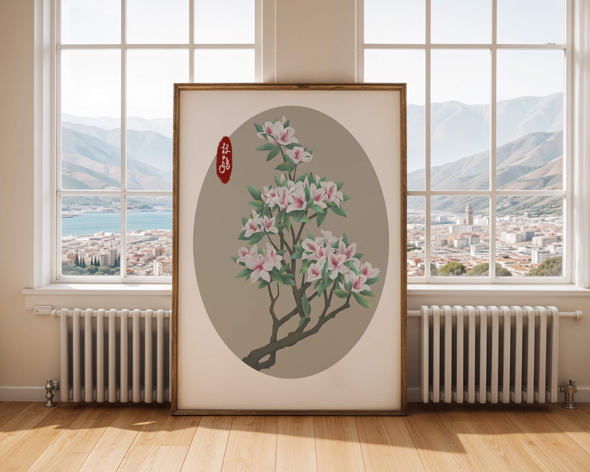 Obra floral delicada con magnolias en flor en estilo oriental