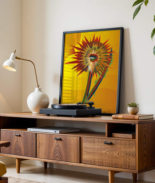 Abstract vibrant sunflower art with dynamic geometric shapes