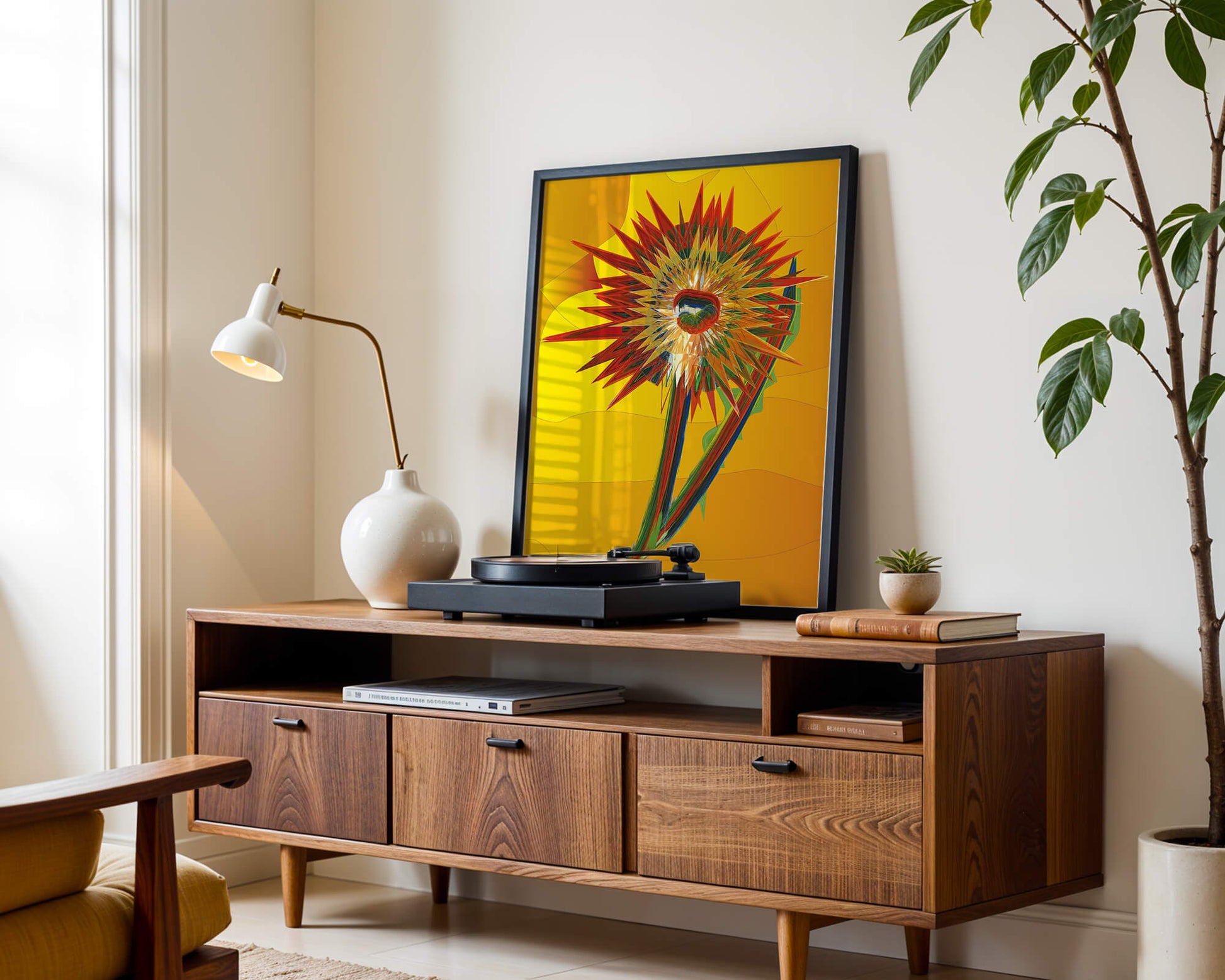 Abstract vibrant sunflower art with dynamic geometric shapes