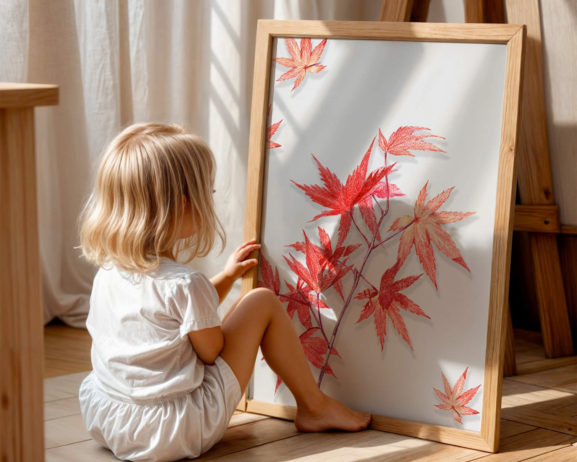 Delicate red maple leaves on white background