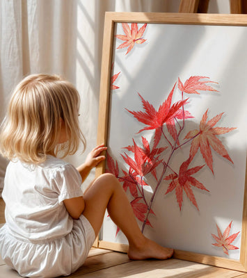 Delicate red maple leaves on white background