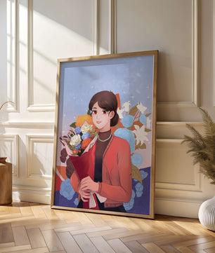 Mujer sosteniendo ramo con fondo floral