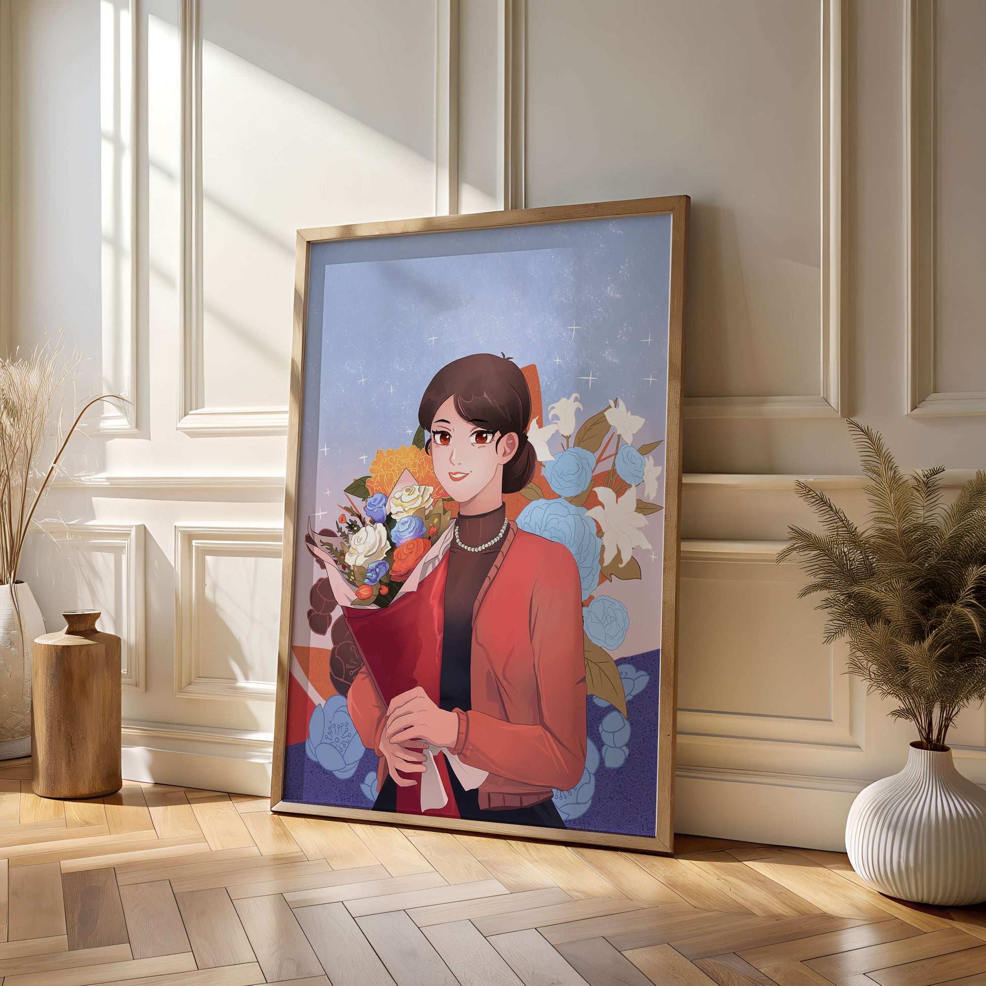 Woman holding bouquet with floral background