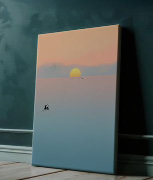 Serene Sunset with Silhouettes and Birds over a Calm Sea