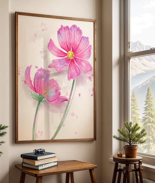 Flores delicadas en acuarela rosada con salpicaduras artísticas en lienzo