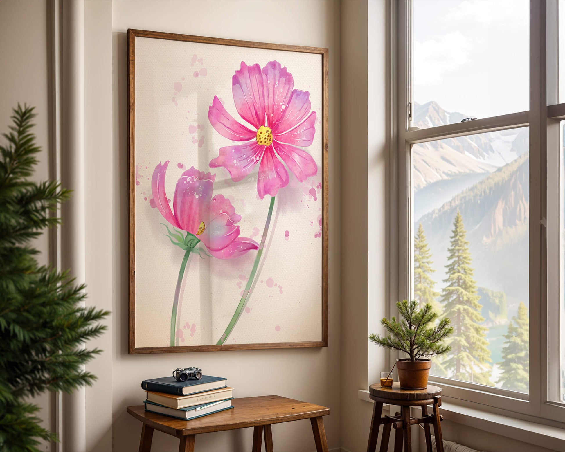 Flores delicadas en acuarela rosada con salpicaduras artísticas en lienzo