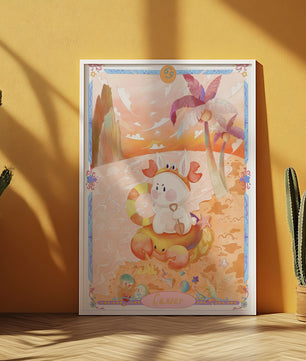 Charming Zodiac Cancer Illustration with Cartoon Bunny on a Beach