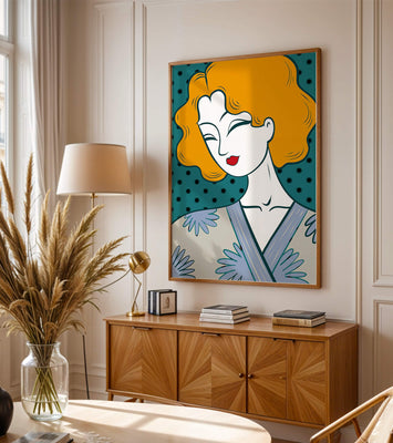 Stylized portrait of a woman with orange hair and floral kimono