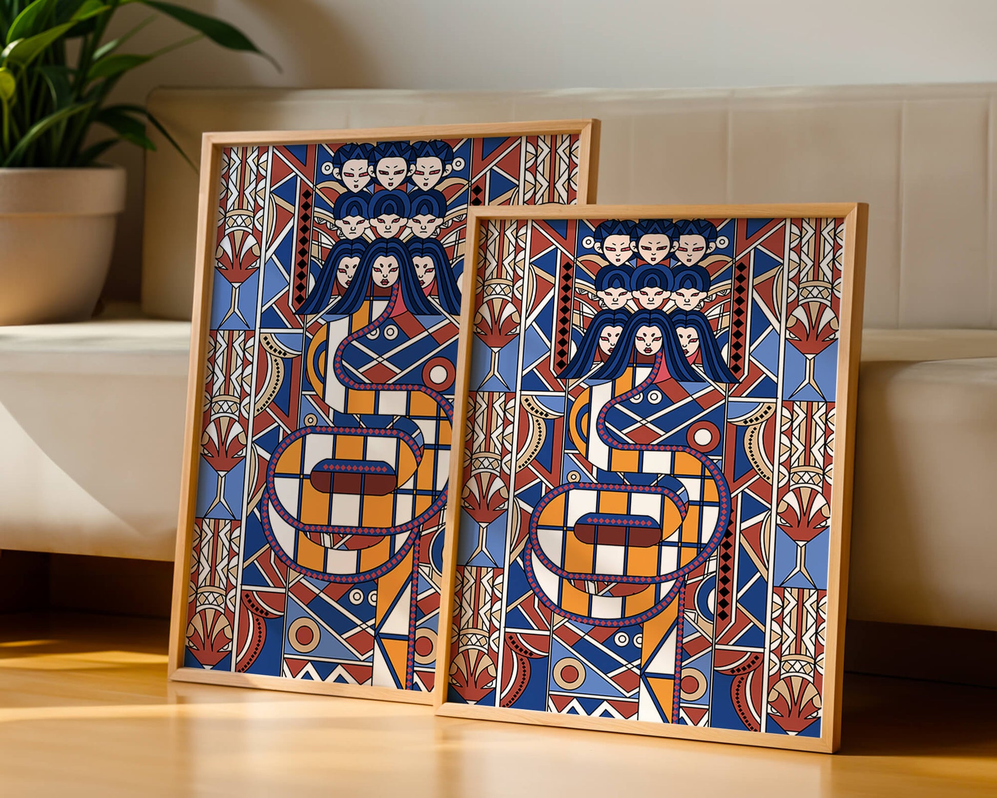 Patrón geométrico Art Decó con rostros y diseño simétrico