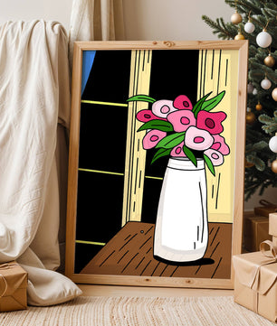 Abstract illustration of flowers in a vase on a wooden table