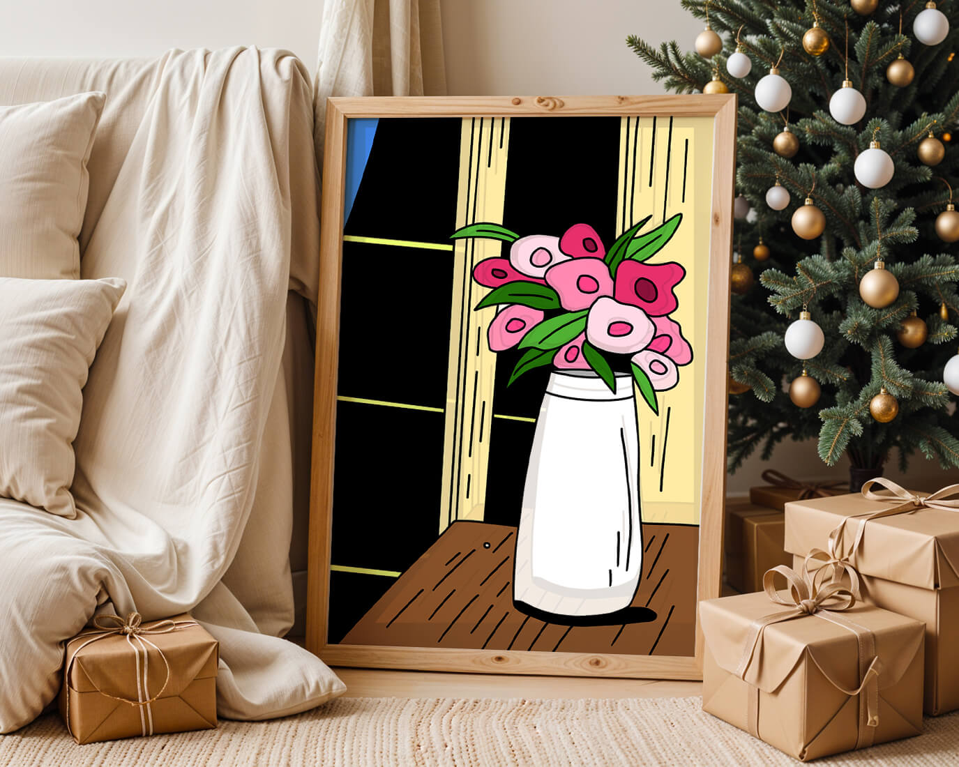 Abstract illustration of flowers in a vase on a wooden table