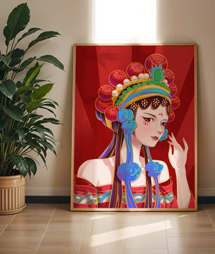 Traditional Asian art depicting stylized woman with ornate headdress
