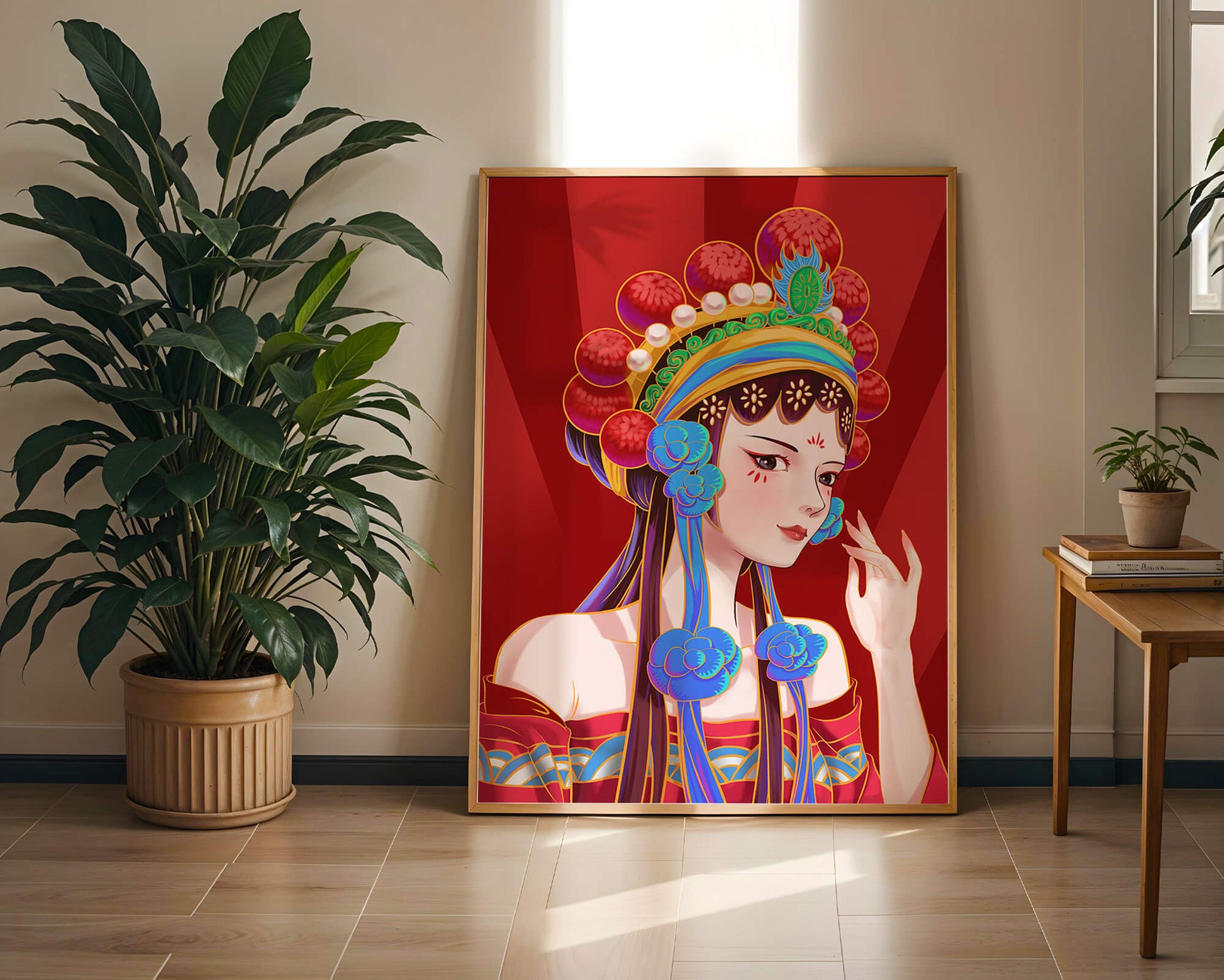 Traditional Asian art depicting stylized woman with ornate headdress