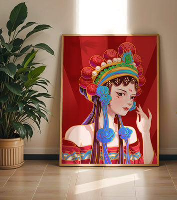 Traditional Asian art depicting stylized woman with ornate headdress
