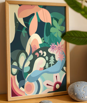Abstract botanical artwork with vibrant colors and natural elements