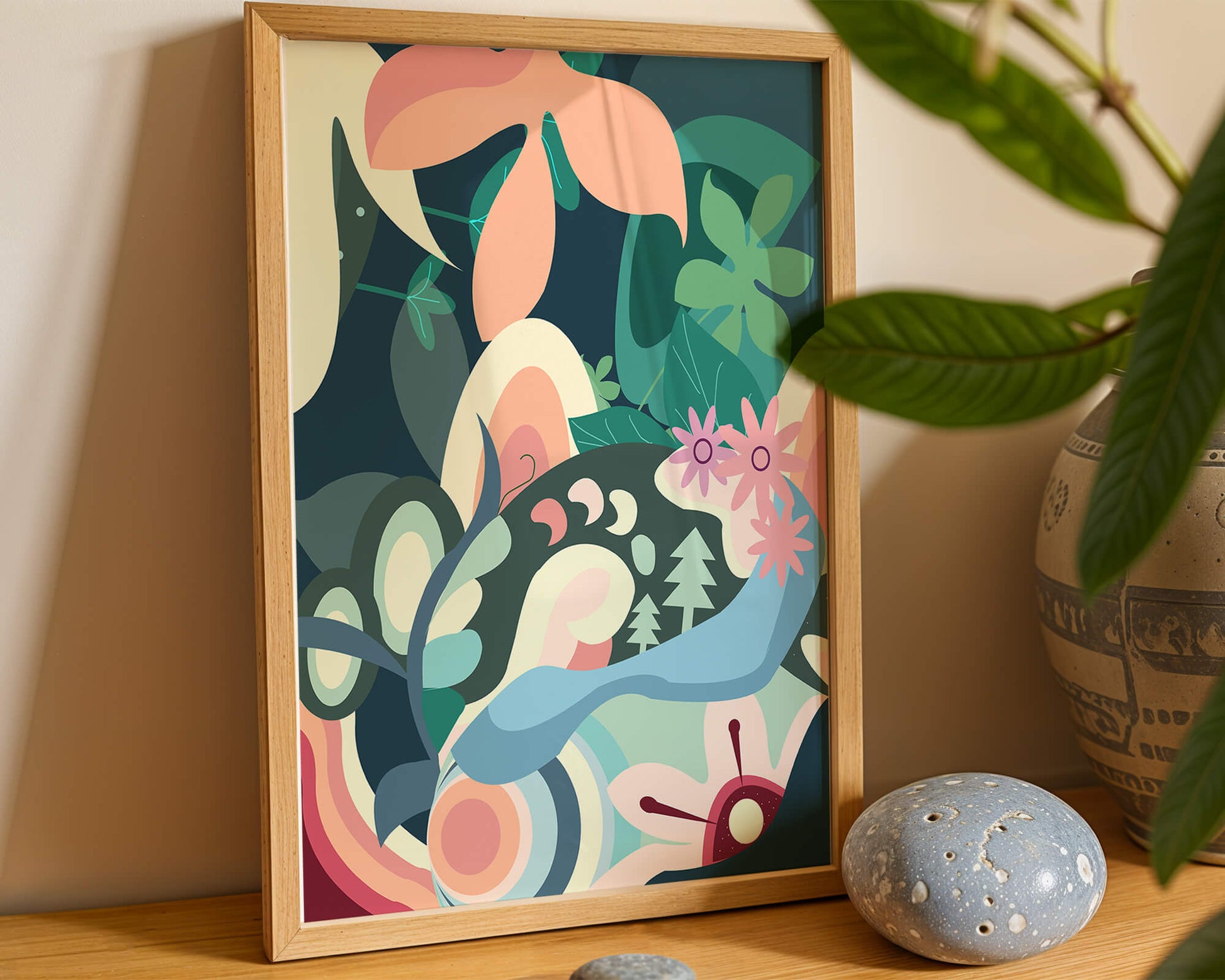Abstract botanical artwork with vibrant colors and natural elements