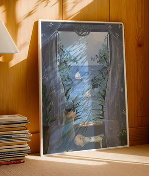Serene seaside view from an open window with a sailboat and relaxing atmosphere