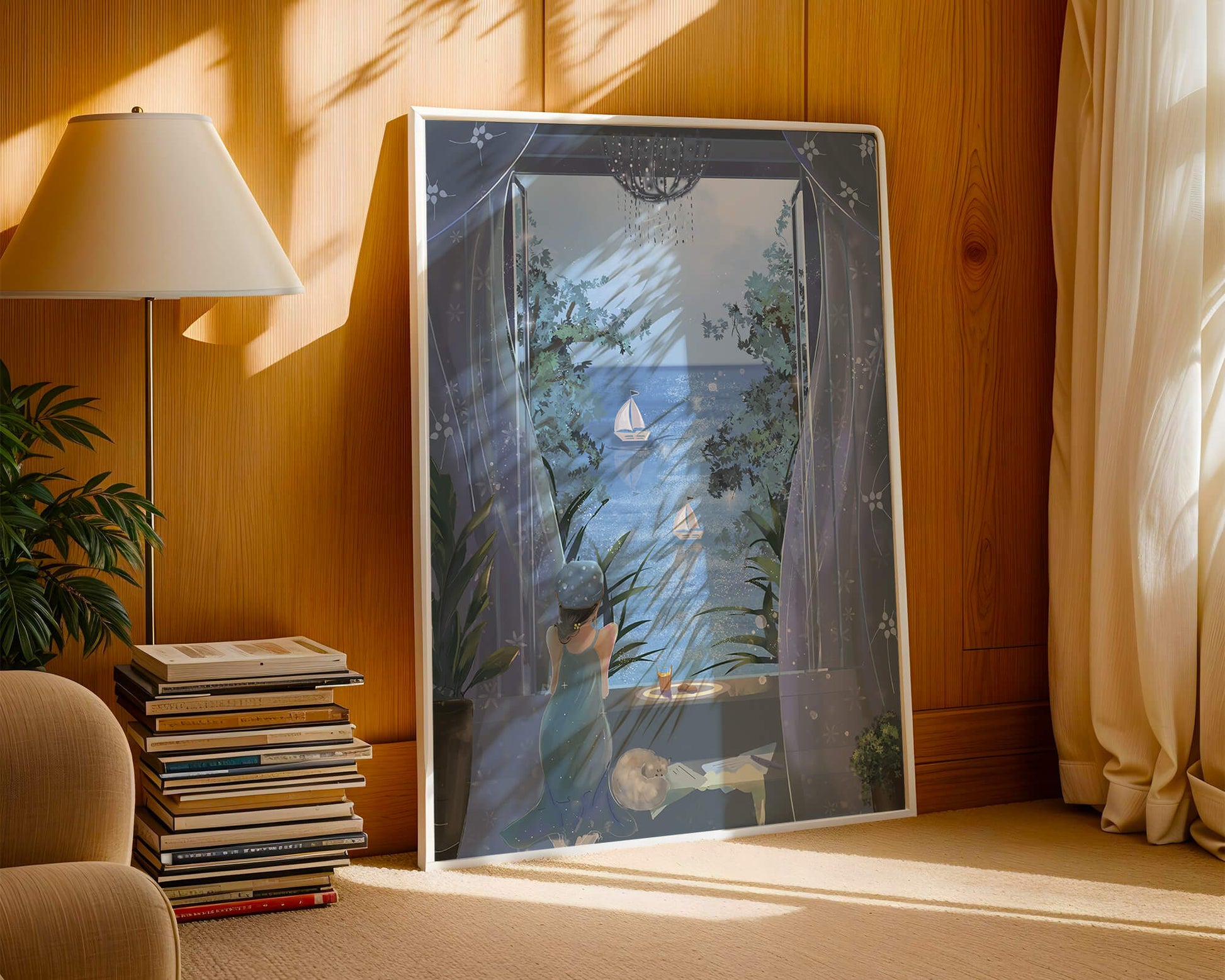 Serene seaside view from an open window with a sailboat and relaxing atmosphere
