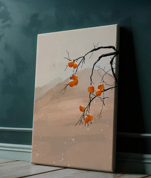 Branch with Persimmons and Snow in Minimalistic Landscape