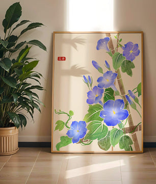 Obra floral delicada con glorias matutinas azules vibrantes