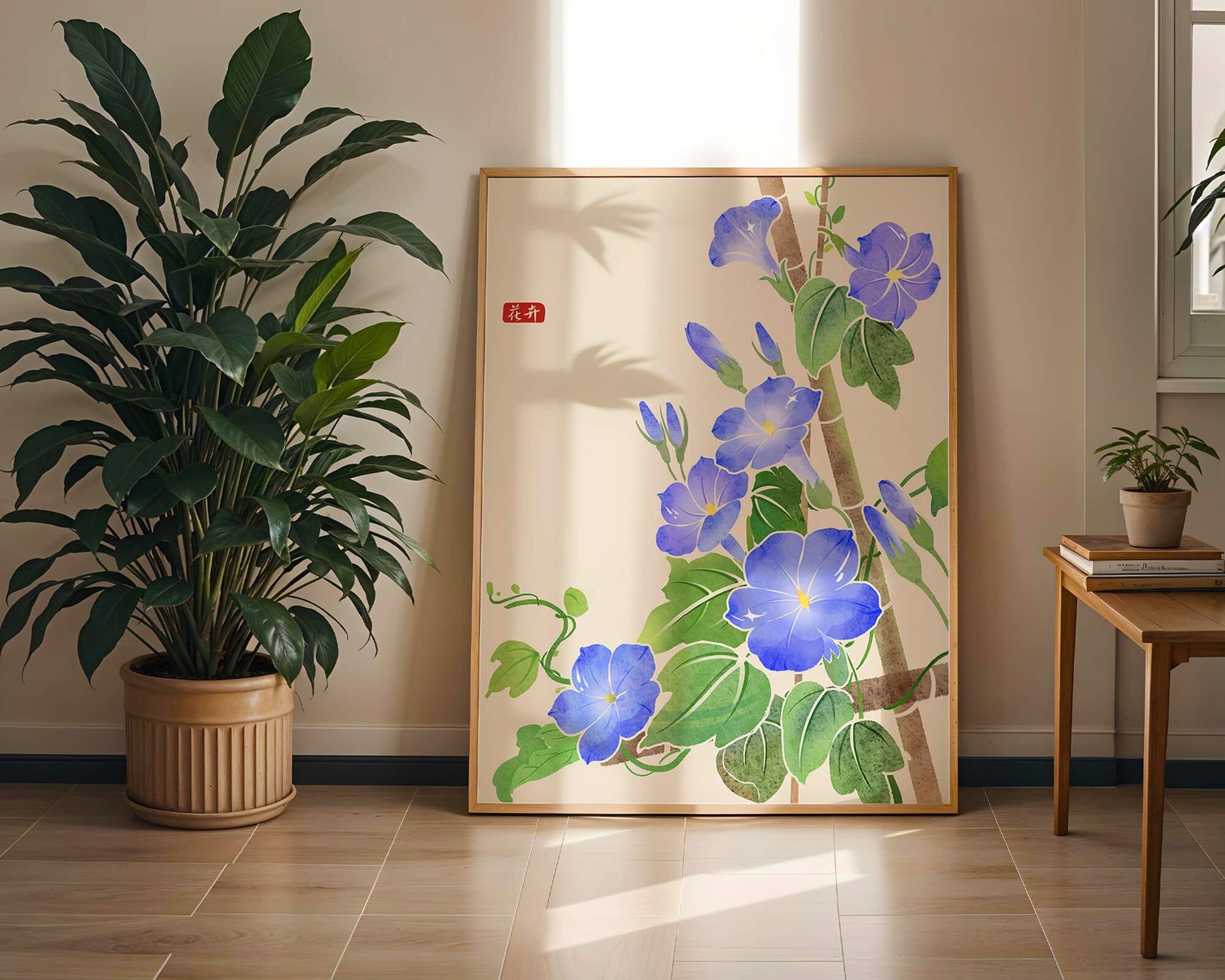Obra floral delicada con glorias matutinas azules vibrantes