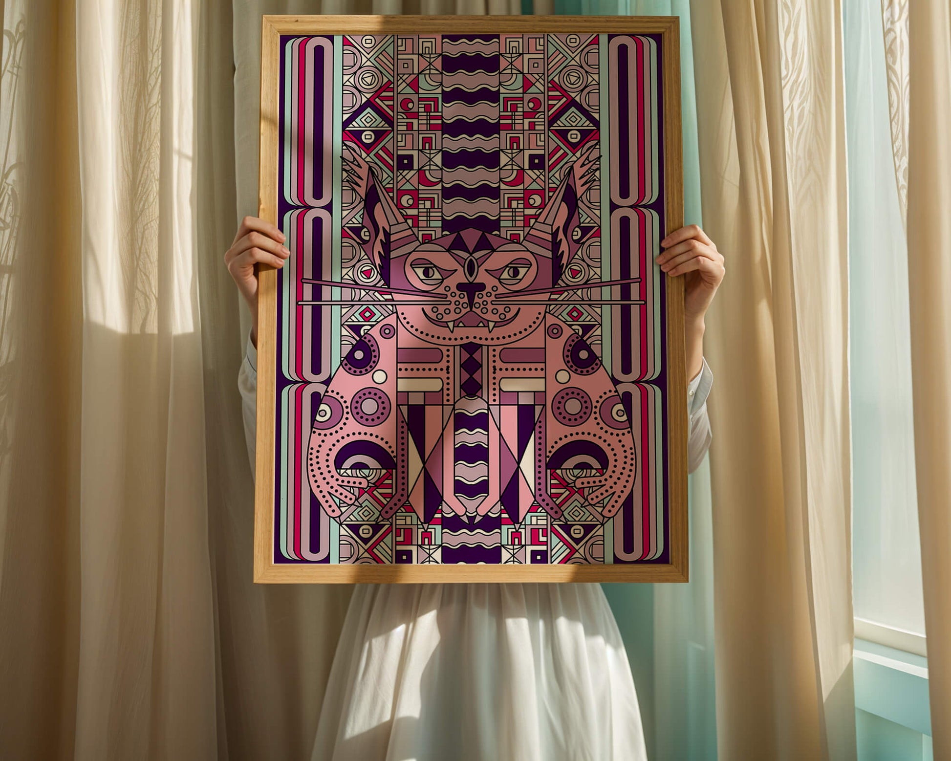 Art de chat géométrique coloré avec motifs abstraits en tons pastel