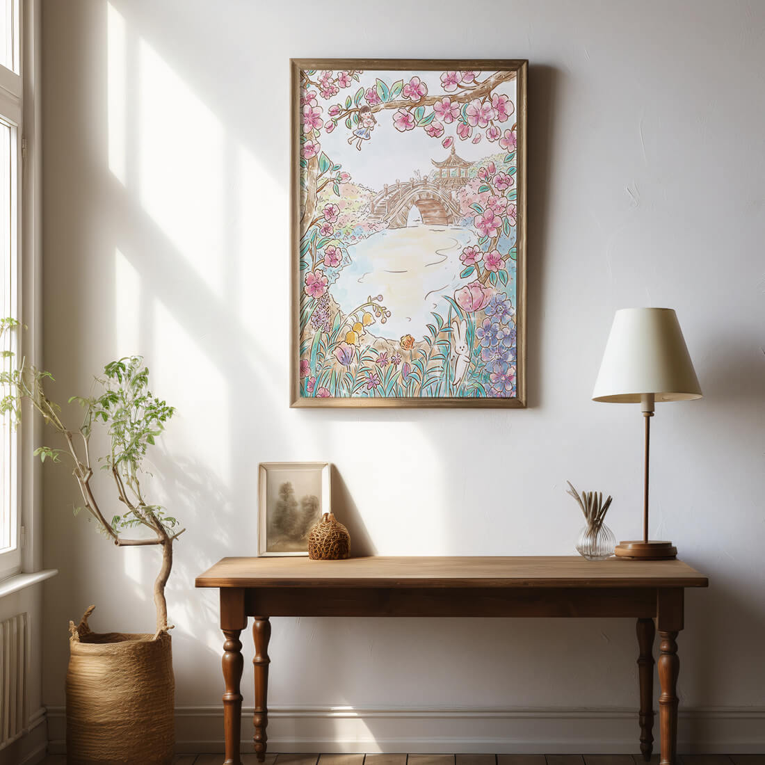 Serene Spring Landscape with Blossoming Cherry Trees and Bridge