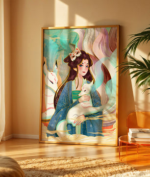 Œuvre de fantasy élégante mettant en scène une figure mystique accompagnée de renards et de couleurs vibrantes