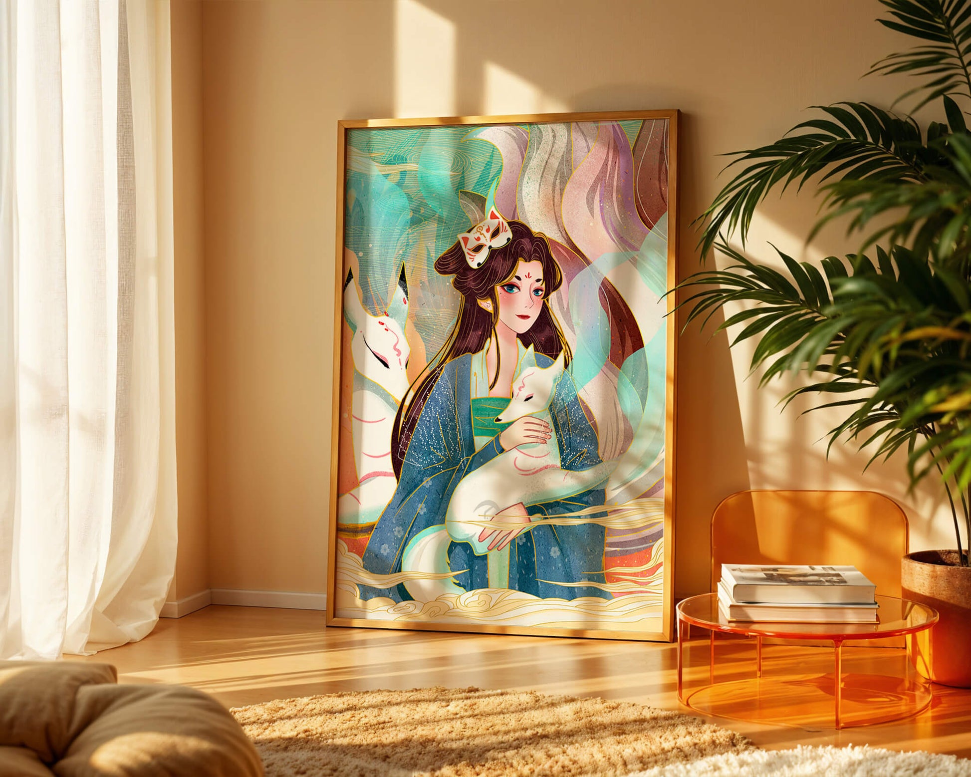 Elegant fantasy artwork featuring a mystical figure with foxes and vibrant colors