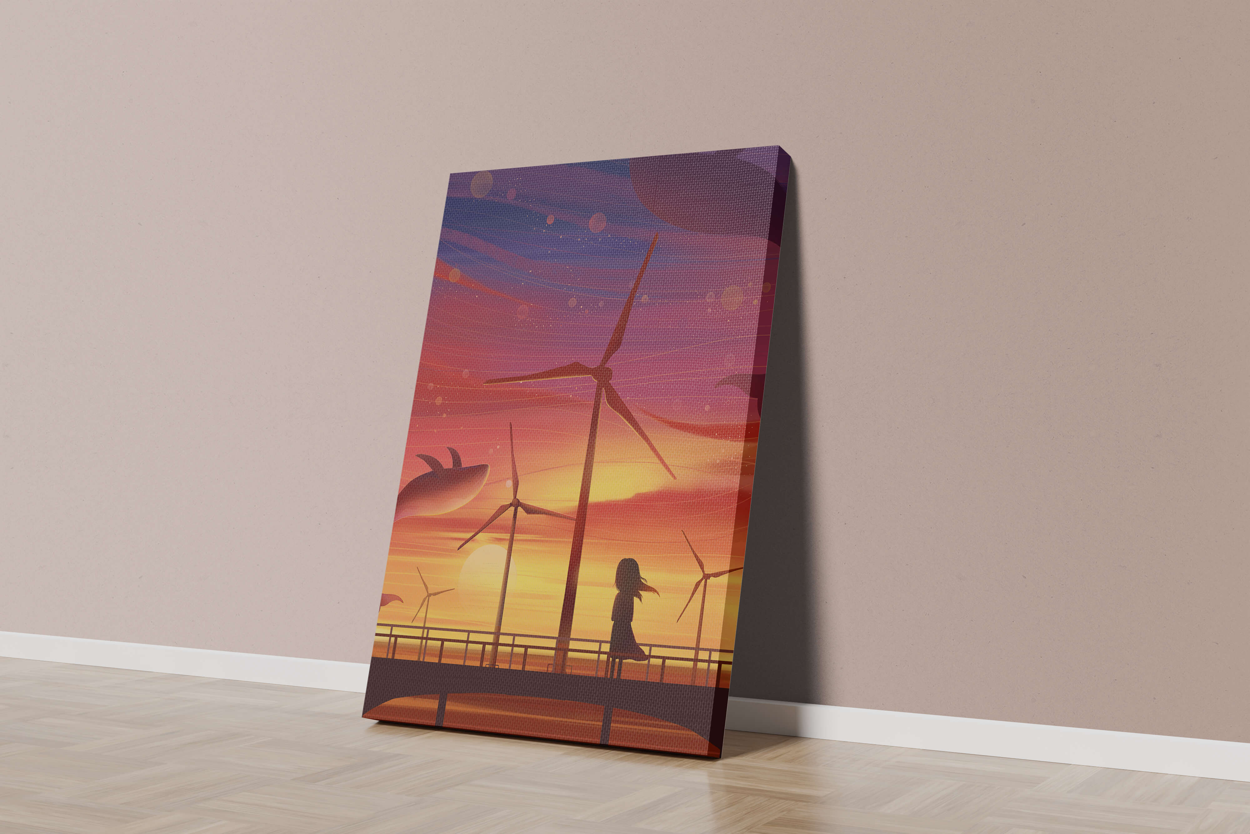 Enchanting sunset scene with wind turbines and silhouette of a girl